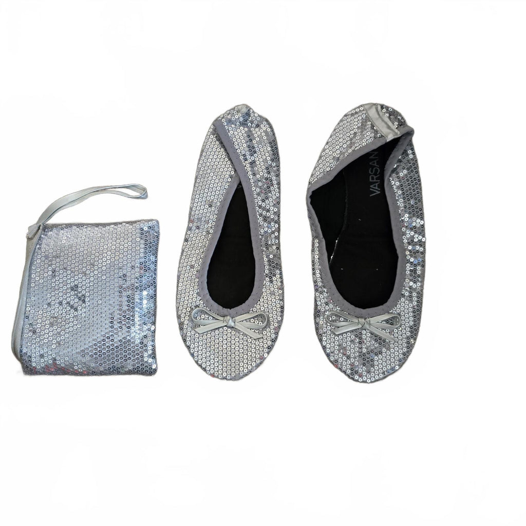 Varsany Silver Sequin Ballet Flats with Matching Pouch, size UK 7