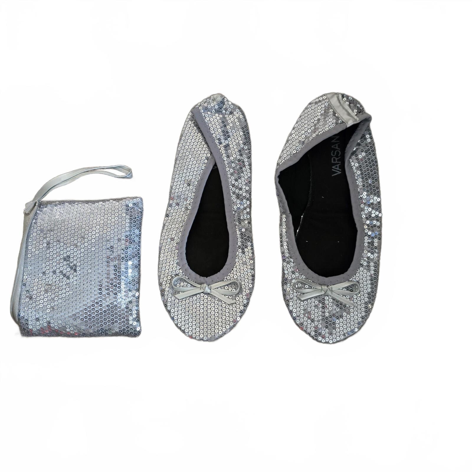 Varsany Silver Sequin Ballet Flats with Matching Pouch, size UK 7