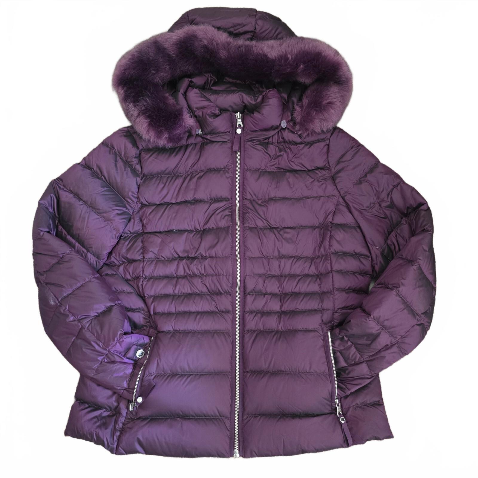 Per Una Deep Purple Puffer Jacket with Faux Fur Hood and Down lining, warm, 14