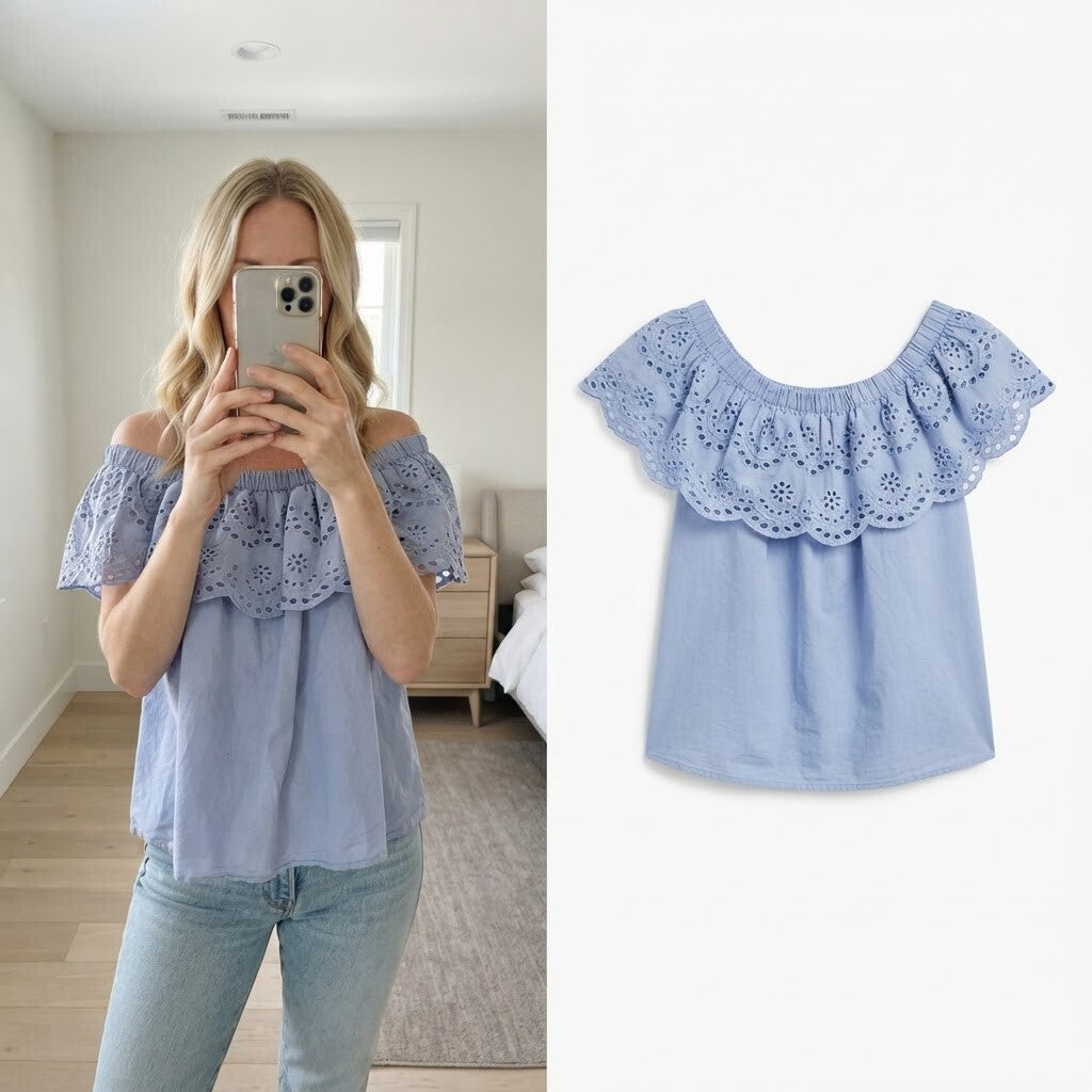 Atmosphere Light Blue Eyelet Off-Shoulder Top UK Size 10, broderie anglais style