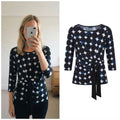 Roman Women's Black and Blue Polka Dot Knot Front Top Tie side Size 10, stretch