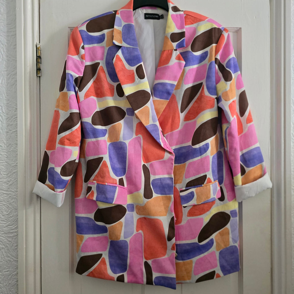 PrettyLittleThing Multicolour Abstract Print Blazer UK 14, oversized, retro