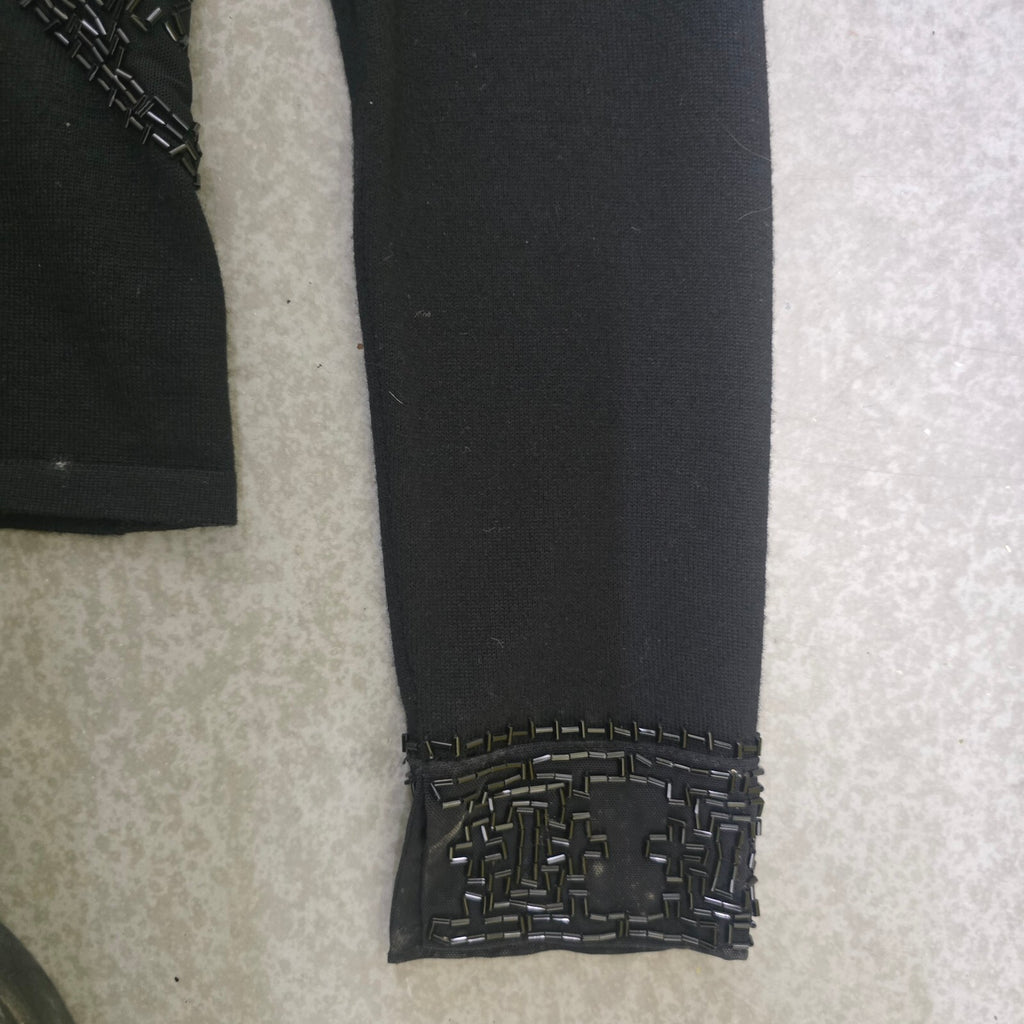 Episode Black Long Sleeve Knit Top with Beaded Trim Size S, 100% wool