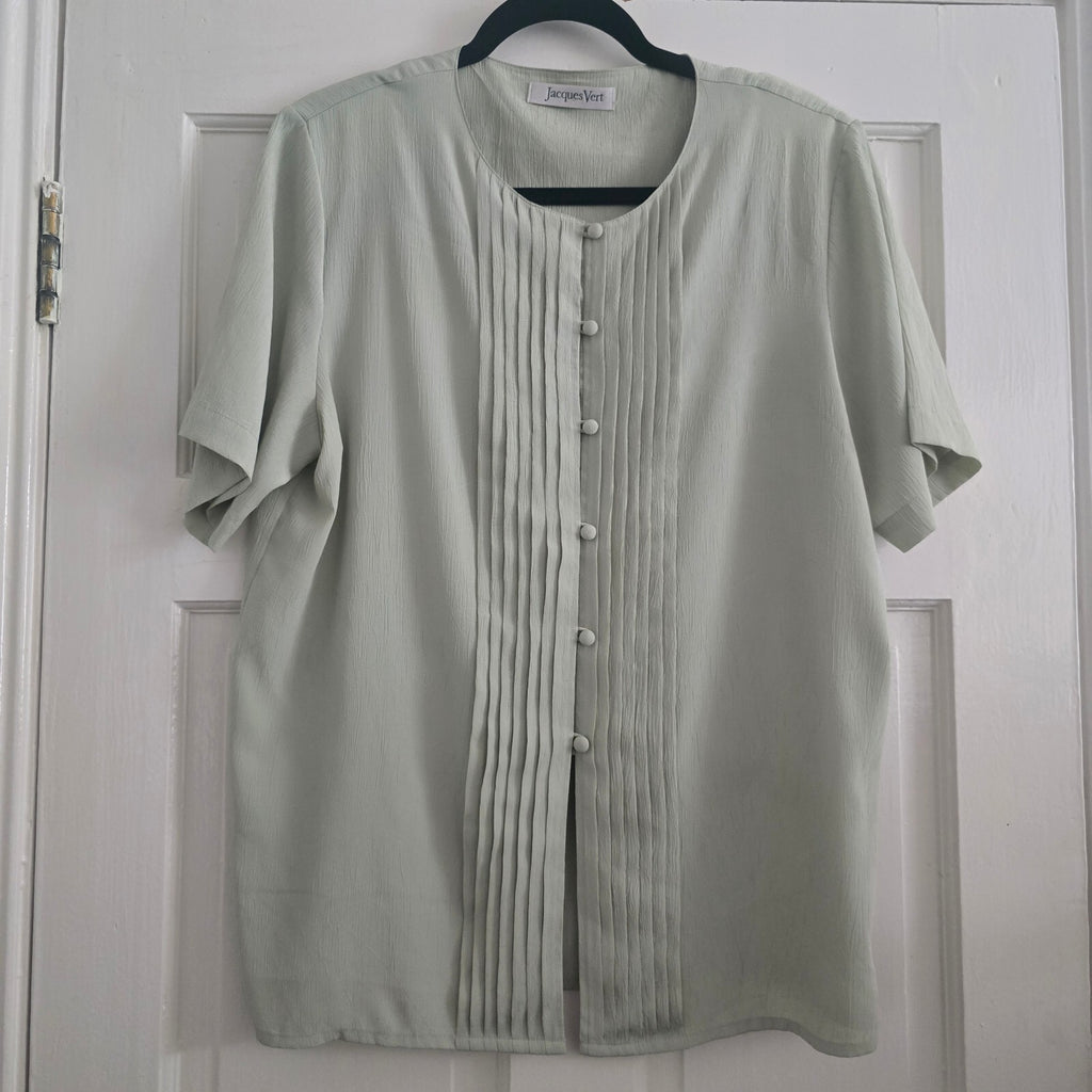 Jacques Vert Light Green Pleated Front Short Sleeve Blouse UK 12