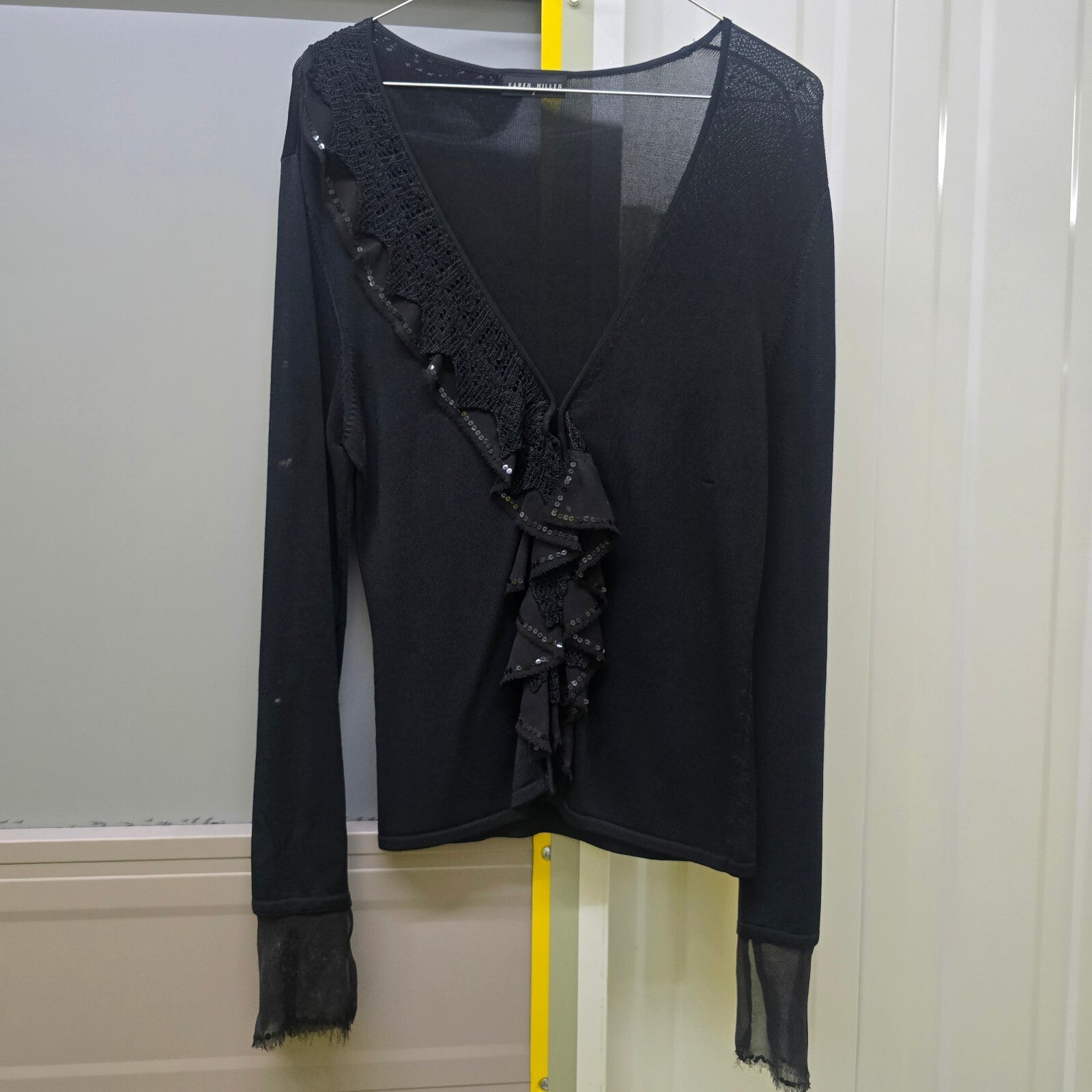 Karen Millen Black Long Sleeve Knit Top Sequin and Crochet Ruffle Detail Size 10
