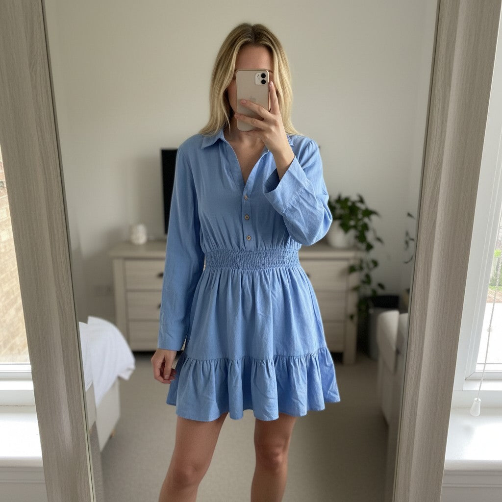 Zara Light Blue Linen Viscose Blend Shirt Dress with Button Detail, Collar, XL