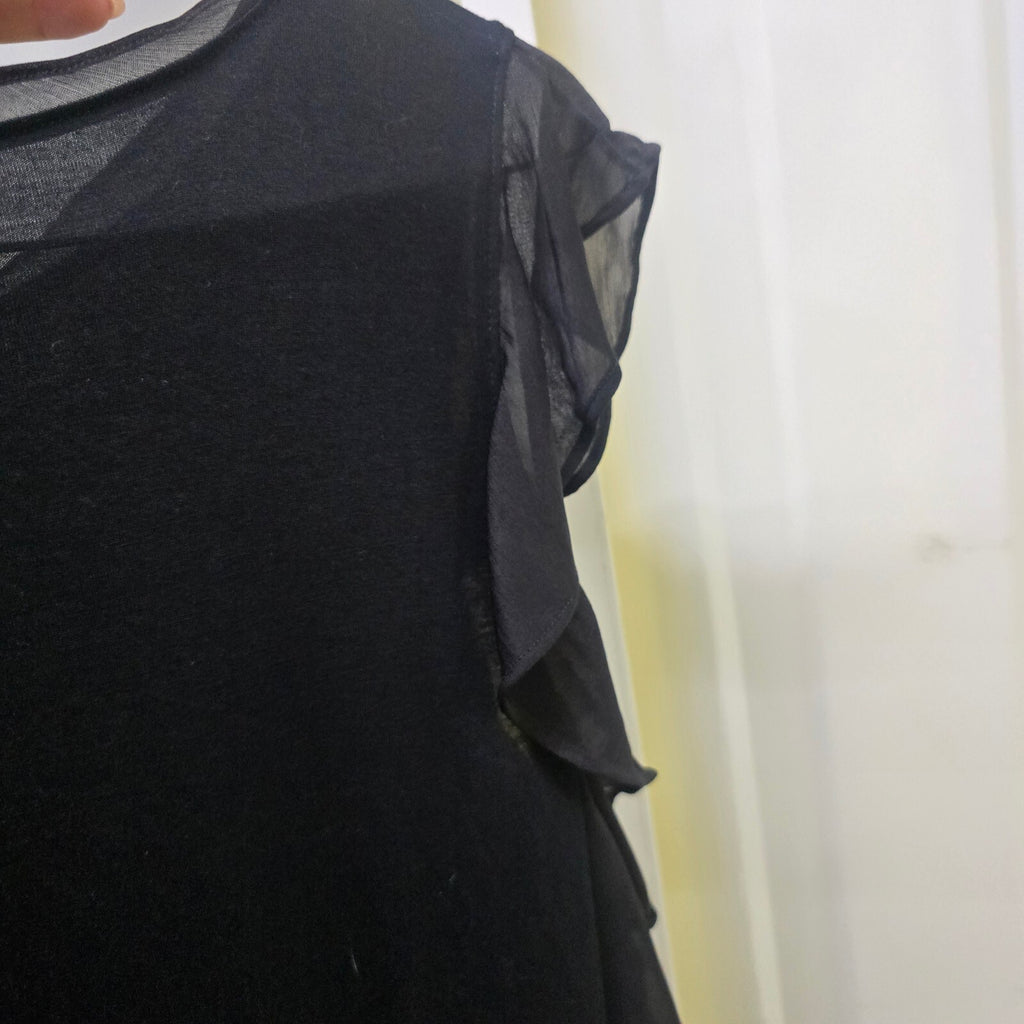 French Connection Black Sheer Ruffle Sleeve Top XS, cold shoulder