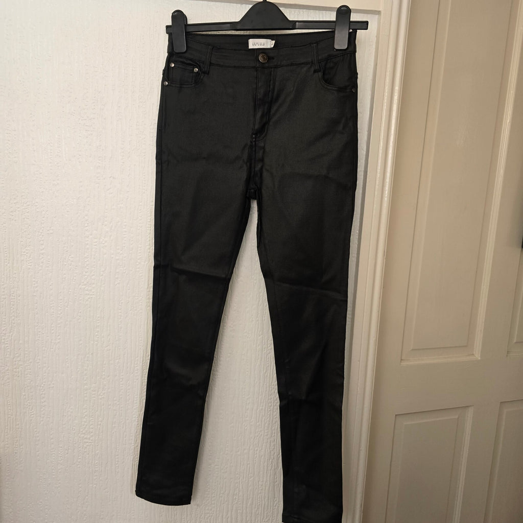 LilyLulu Black Coated High Waisted Stretch Black Skinny Jeans Trousers, Size L