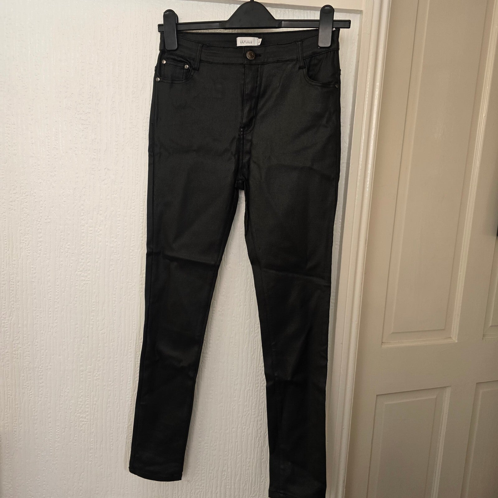 LilyLulu Black Coated High Waisted Stretch Black Skinny Jeans Trousers, Size L