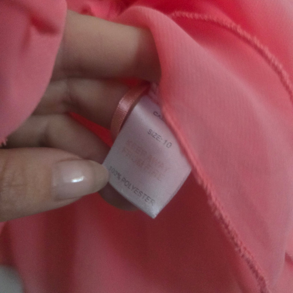 Cotton Rose Coral Sleeveless Sheer Button-Up Blouse Size 10, tie front, keyhole