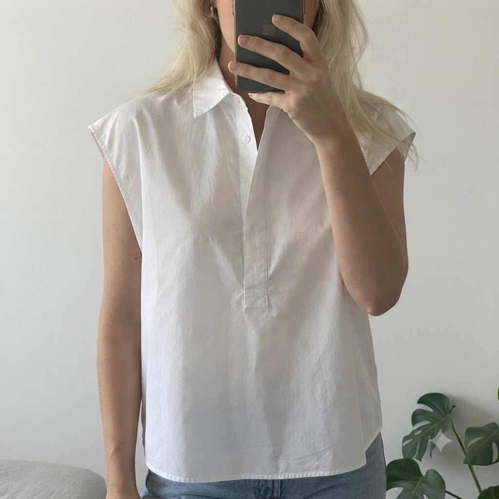 Zara Trafaluc White Sleeveless Boxy Relaxed Cotton Shirt Blouse, Size Medium