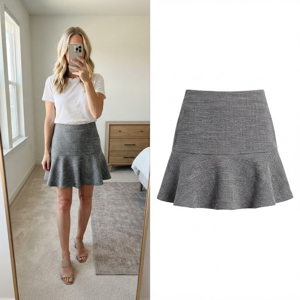 Primark Grey Flared Mini Skirt Size UK 8, preppy, monochrome, tweed like