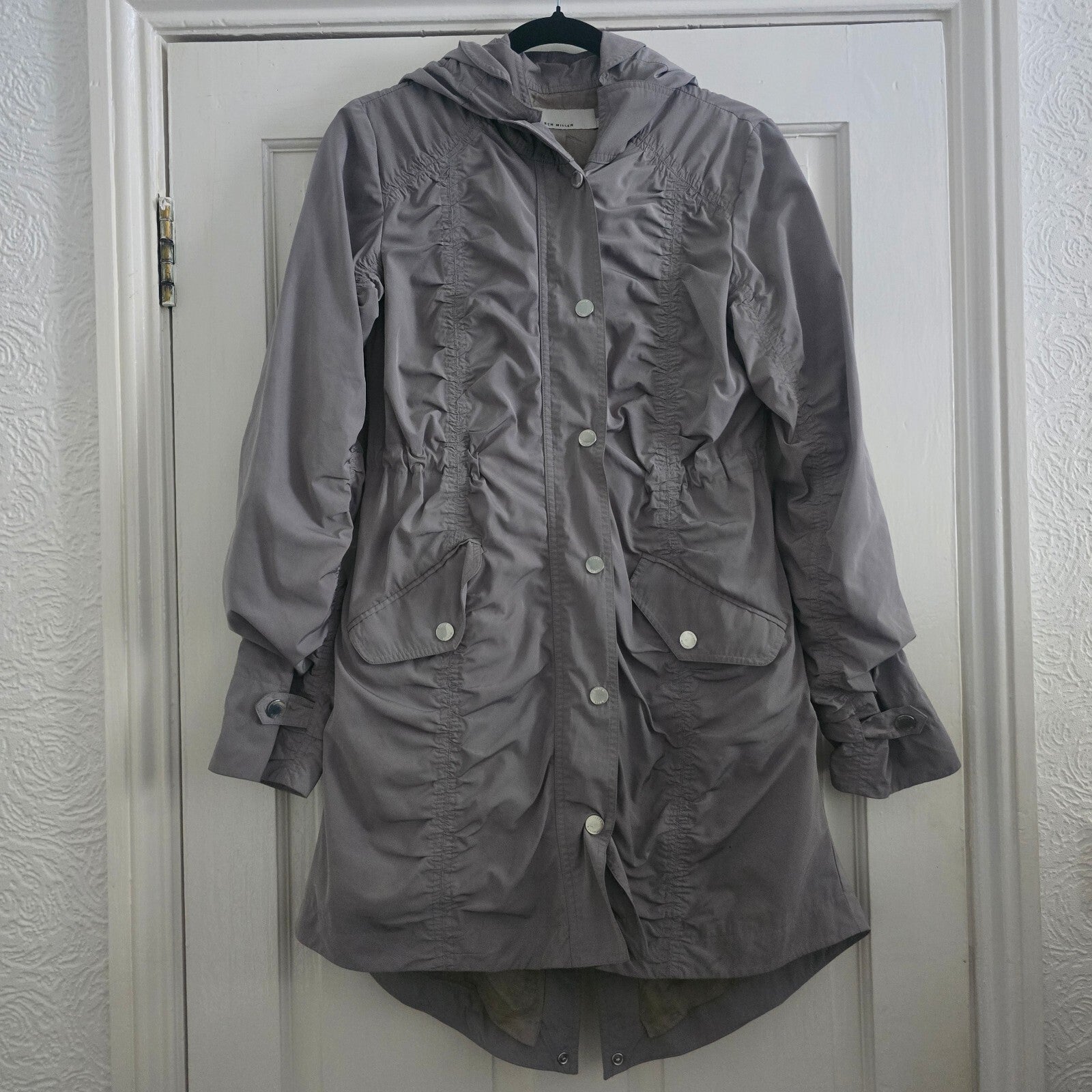 Karen Millen Grey Pale Khaki Hooded Longline Jacket Coat Parka Size 10