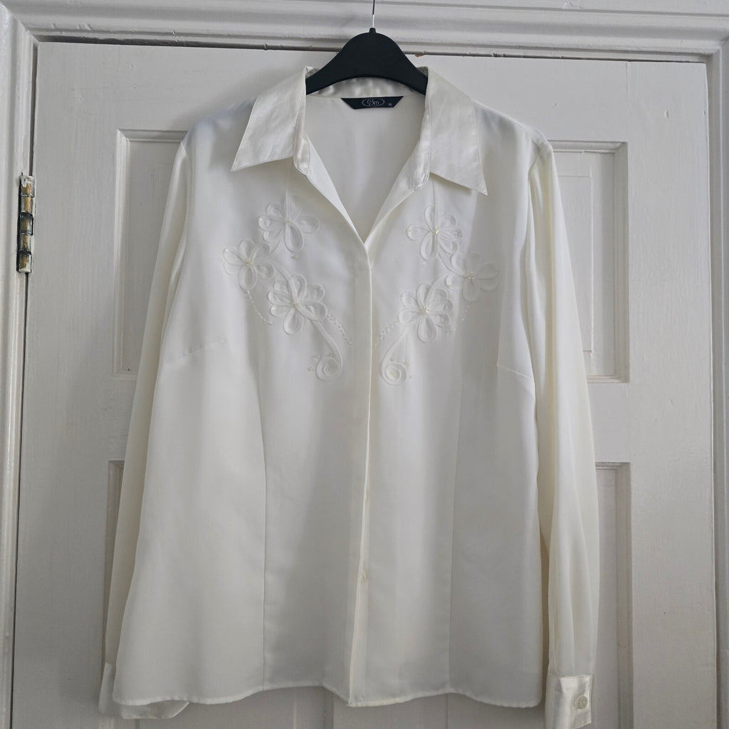 BM Women's White Embroidered Applique Button-Up Blouse Shirt Size 16