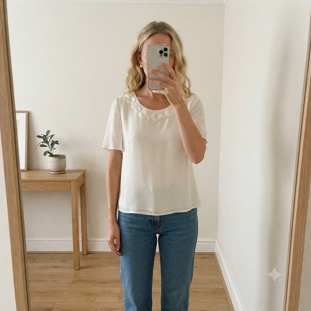 Eastex White Blouse, short sleeve top with Decorative Neckline, UK Size 12