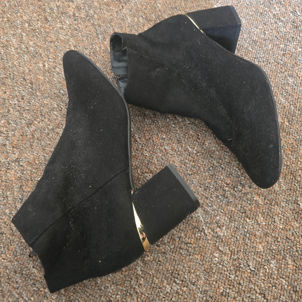 Black Suede Effect Ankle Boots with Gold Accent Heel - Size 39 UK 6, side zip, block heel