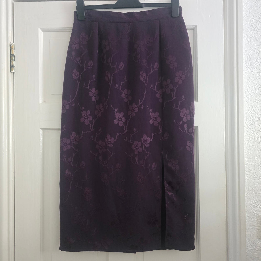 Elegant Purple Floral Jacquard Two-Piece Skirt Button-Up Blouse Suit Set Coord