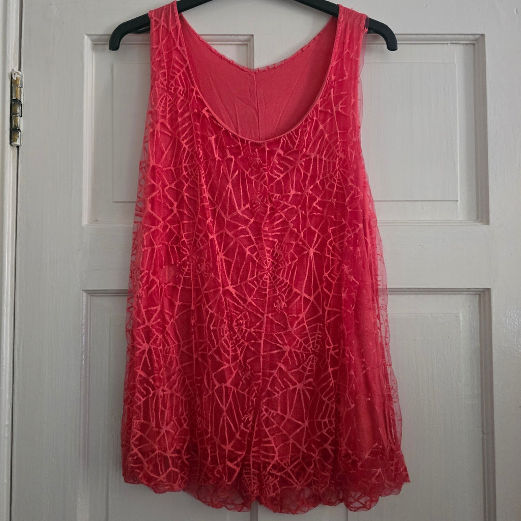 Coral Pink Sleeveless Lace Overlay Spiderweb Top, size M