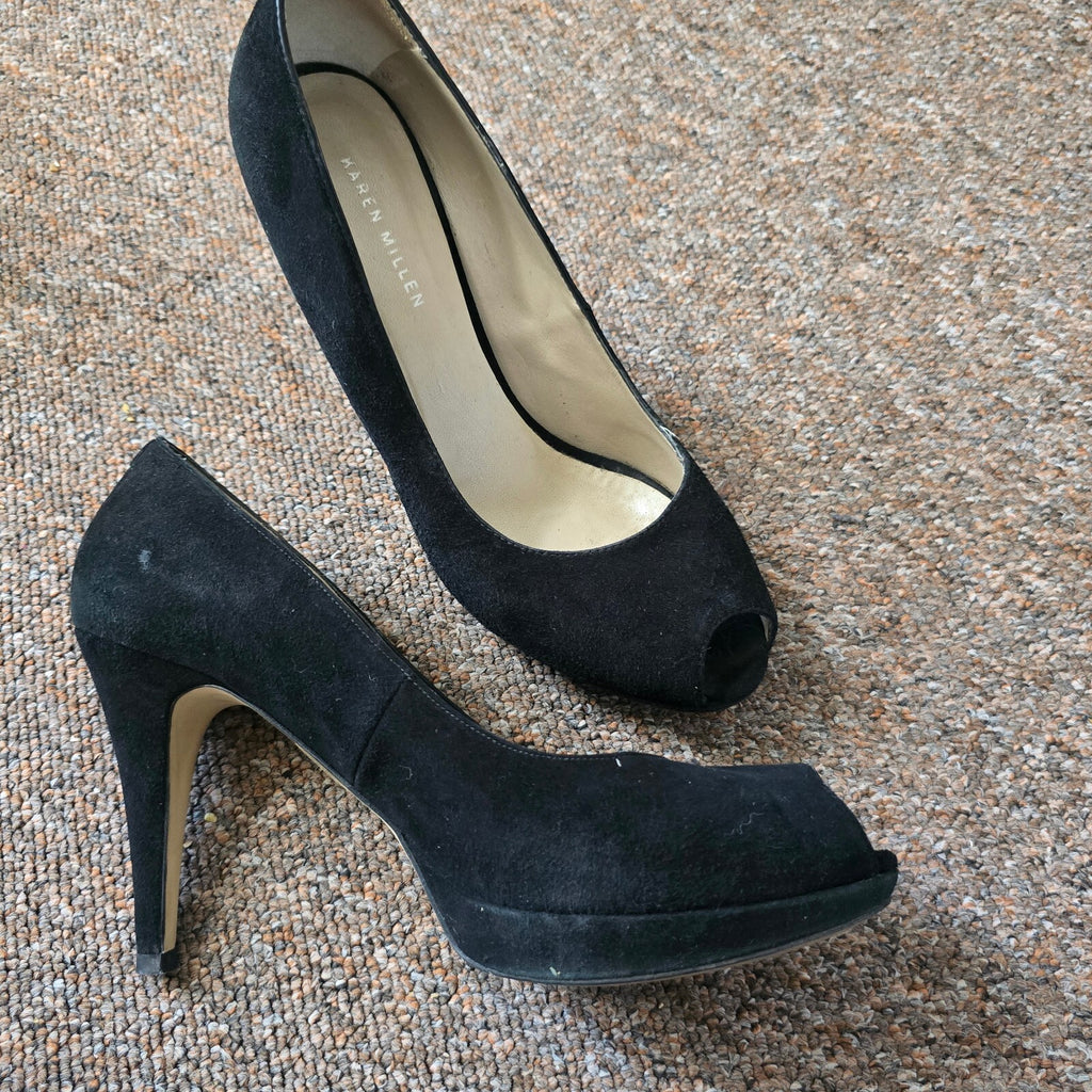 Karen Millen Black Suede Peep Toe High Heels Size 40, UK 7