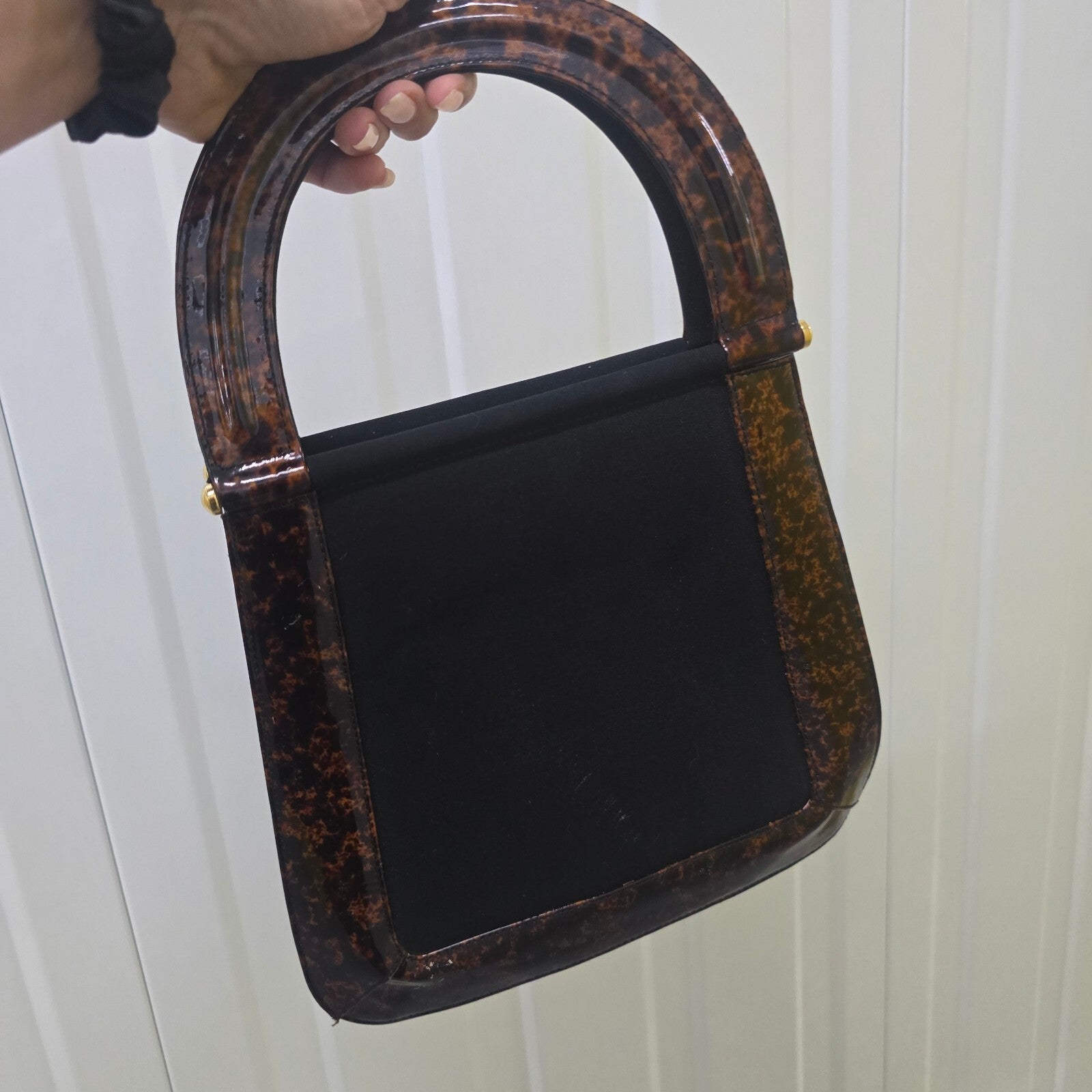 Vintage Style Black and Tortoiseshell Structured Small Handbag