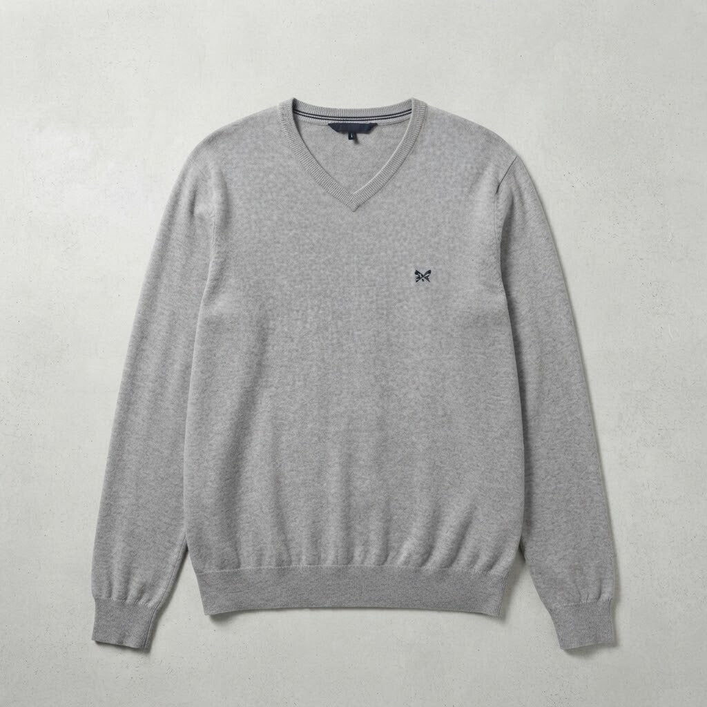 Crew Clothing Company Men's Grey V-Neck Cotton Sweater Jumper Size L