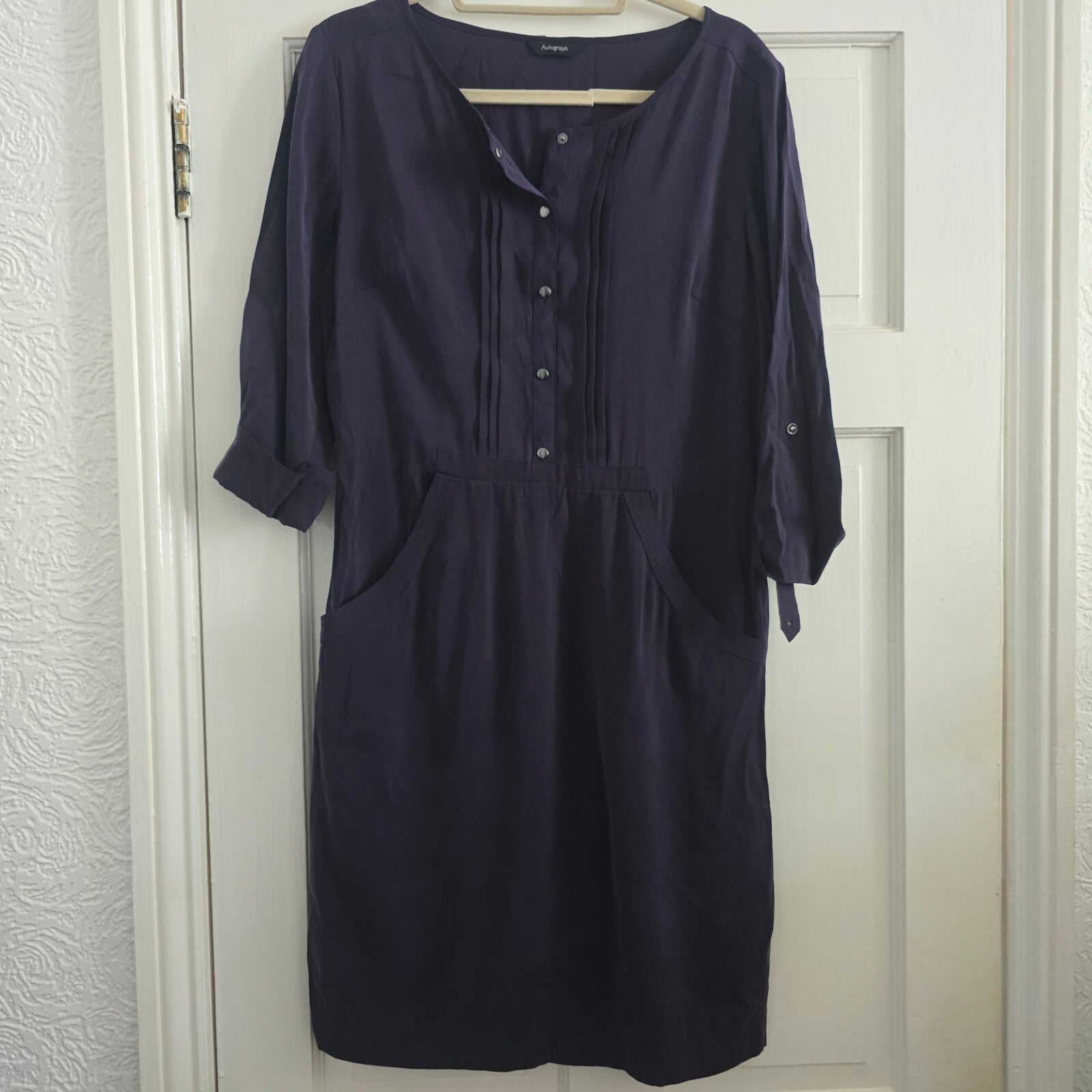 Autograph Blackberry Purple Button-Up Dress UK 8, relaxed fit, pockets, tunic