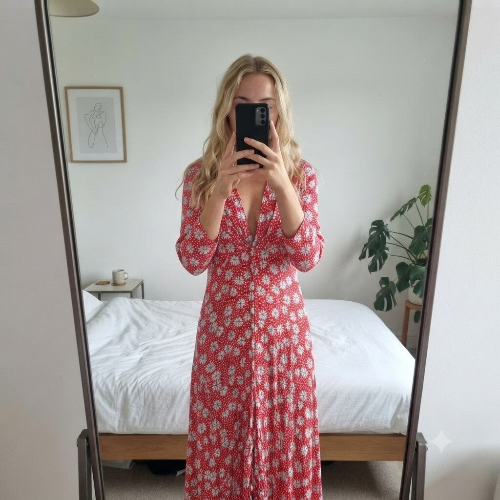 Zara Red Floral Print Long Sleeve Maxi V Neck Dress, Size L, blogger influencer