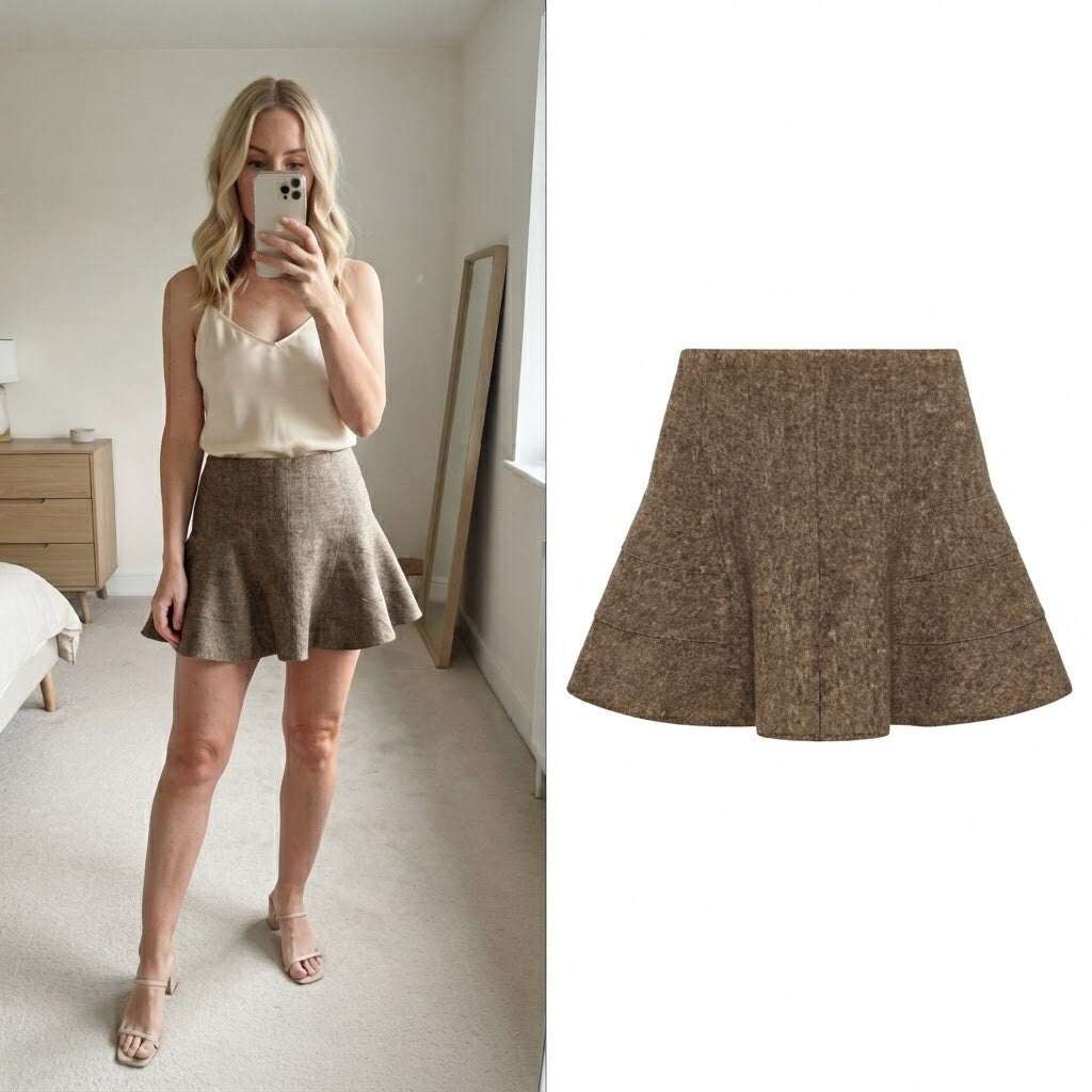 Topshop Brown Tweed Flared Mini Skirt UK Size 10, wool mix, y2k, vintage