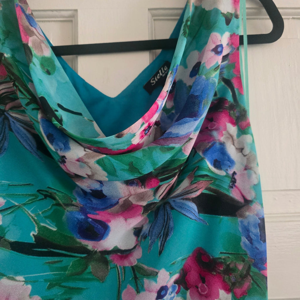Stella Morgan Floral Sleeveless Dress Size 12, cowl neck, ruffle hem, wedding