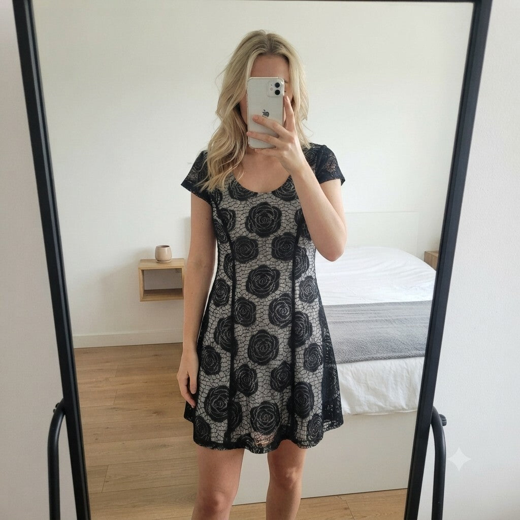 Izabel London Black Lace Overlay Dress with Floral Pattern, size 10