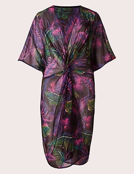 M&S Collection Medium Floral Twist Front Sheer Kaftan Holiday Lightweight Size M