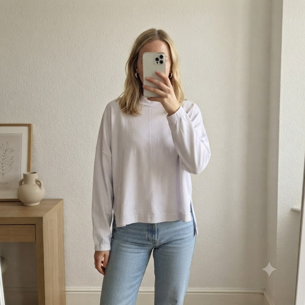 French Connection White Long Sleeve Relaxed  Fit Top with Side Slits, Size M