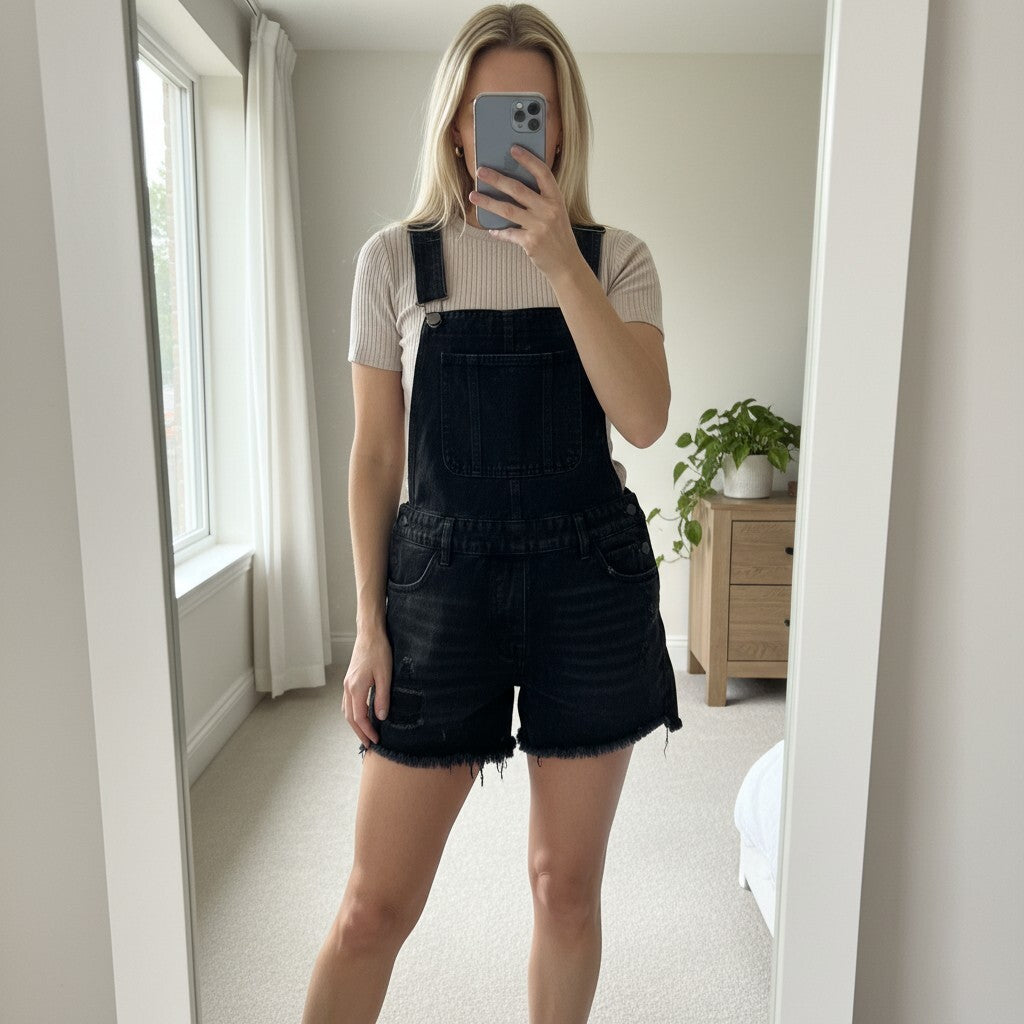 Berksha black denim dungarees playsuit, distressed denim, size S