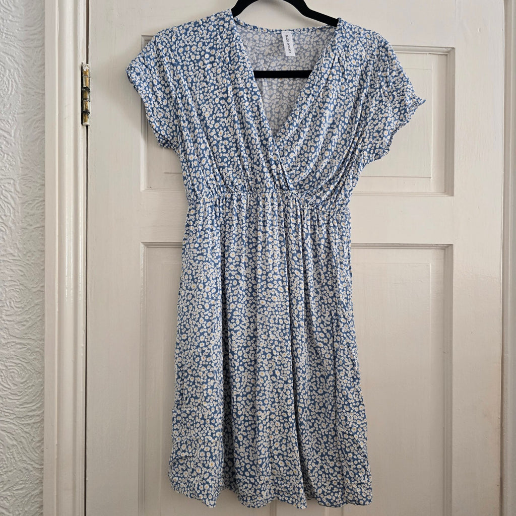 Blue Floral Viscose Wrap Dress with Elastic Waist, size S, lightweight floaty