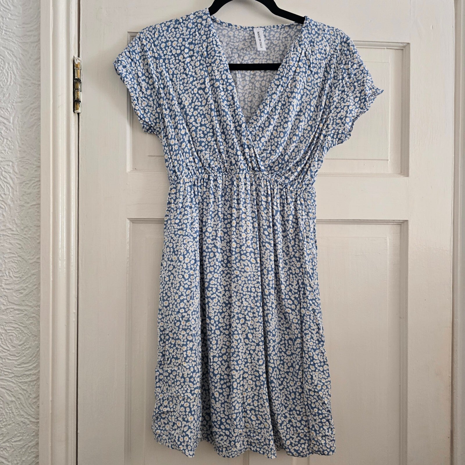 Blue Floral Viscose Wrap Dress with Elastic Waist, size S, lightweight floaty