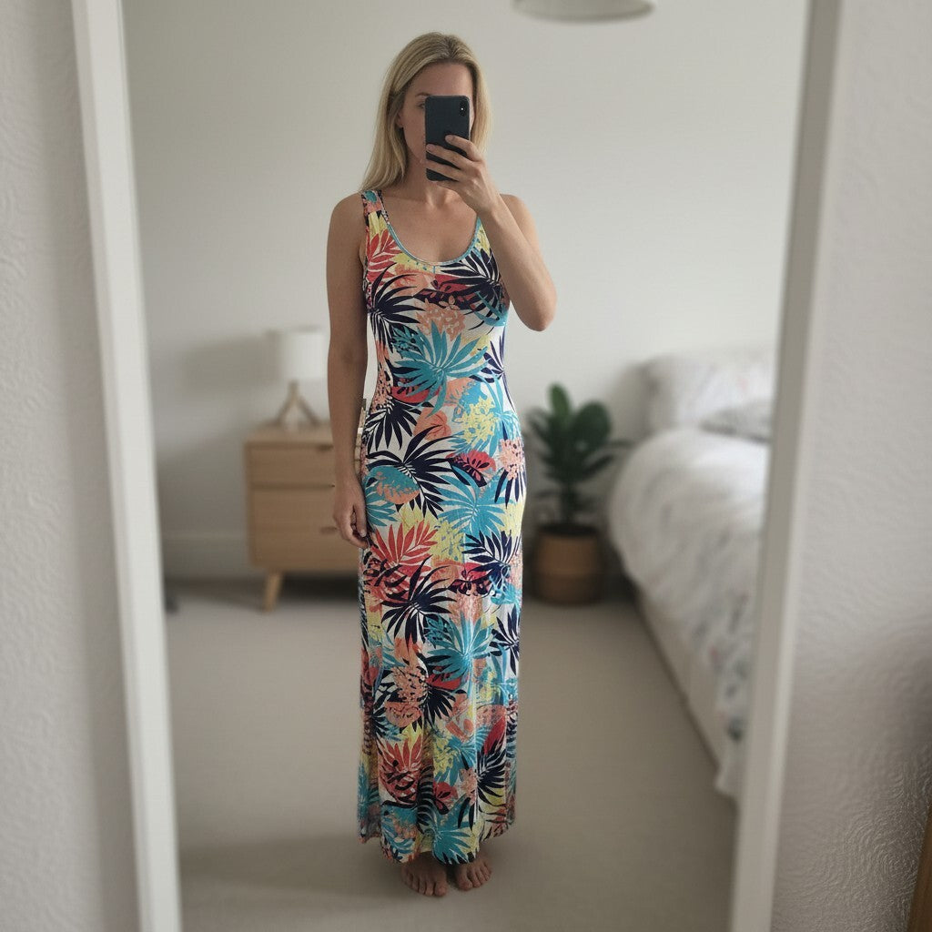 boohoo Tropical Print Bodycon jersey stretch maxi dress, size 8