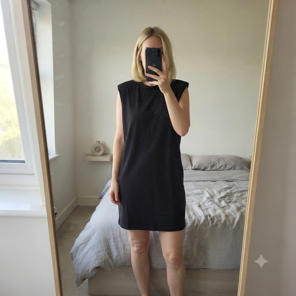 F&F Black Sleeveless Cotton Dress UK 10 / EUR 38, shoulder pads, knee length