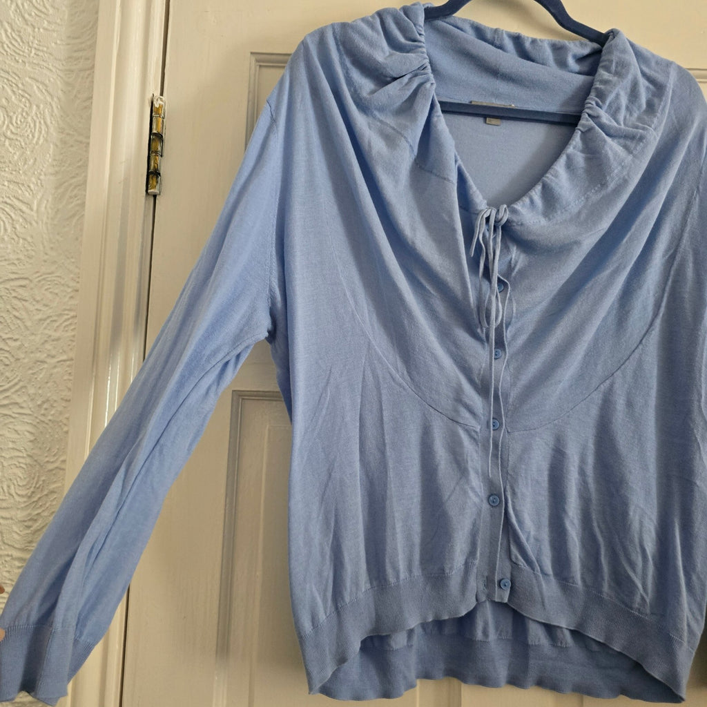 COS Light Blue Cotton Button-Up Cardigan with Drawstring Collar Size L, relaxed