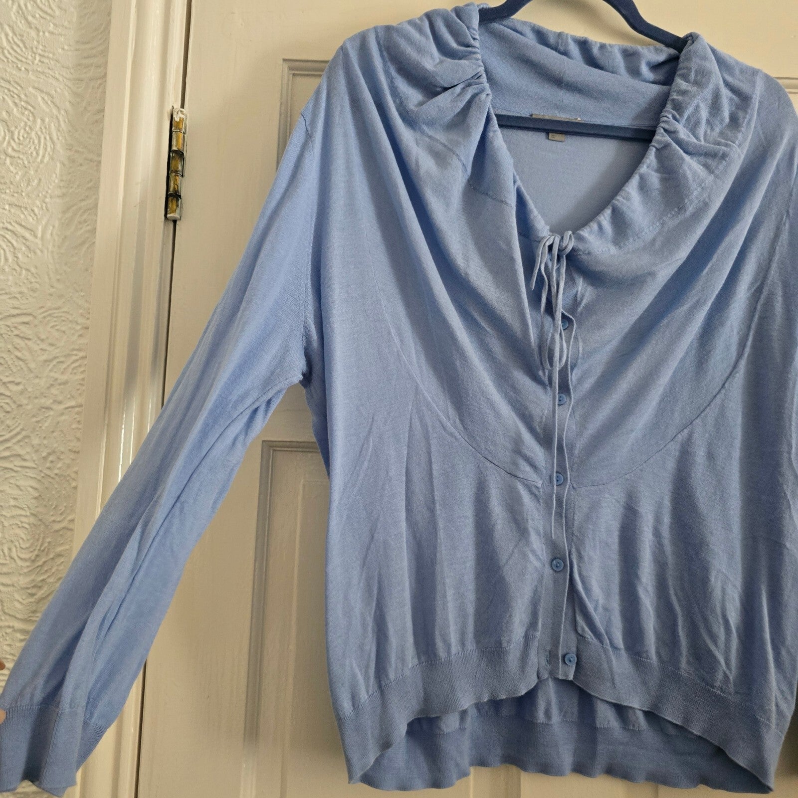 COS Light Blue Cotton Button-Up Cardigan with Drawstring Collar Size L, relaxed