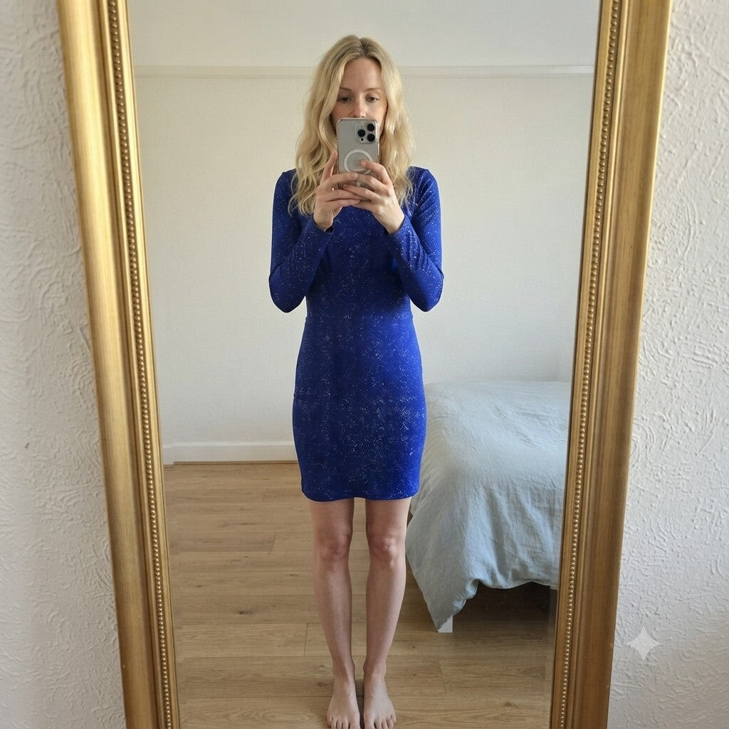 Topshop Blue glitter lurex knot twist back long sleeve mini dress, size 10