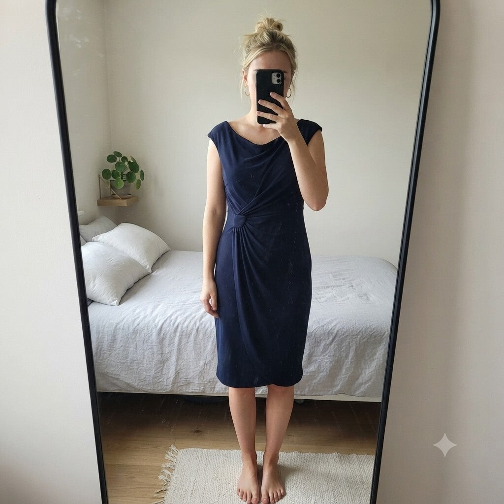 Connected Apparel Navy Blue Sleeveless Ruched Dress  with drape Size 10