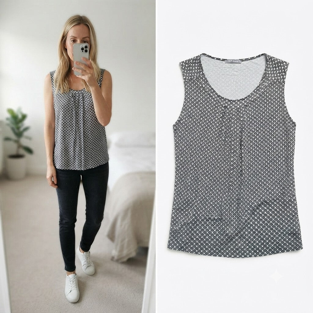 M&S Woman Black and White Patterned Sleeveless Top Vest Cami UK 12
