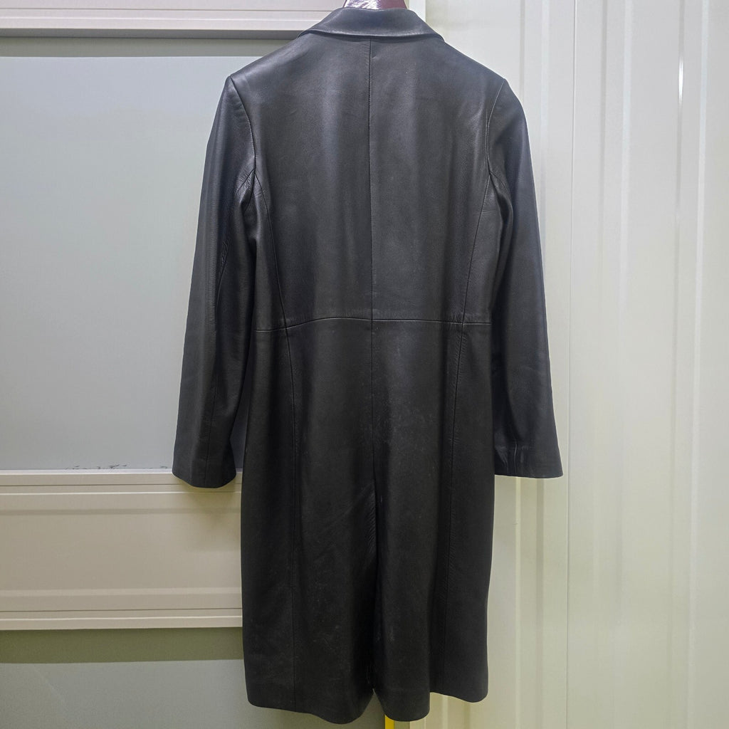 Jigsaw Black Soft Leather Long Coat Jacket Size 10, classic, timeless, luxury
