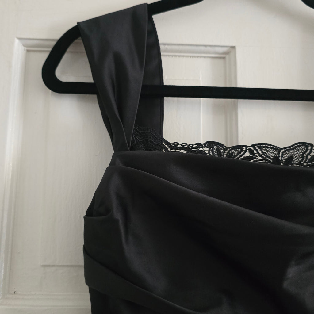 Louis Chin Madgay Boutique Black Satin Ruched Party Midi Dress UK8 glam cocktail
