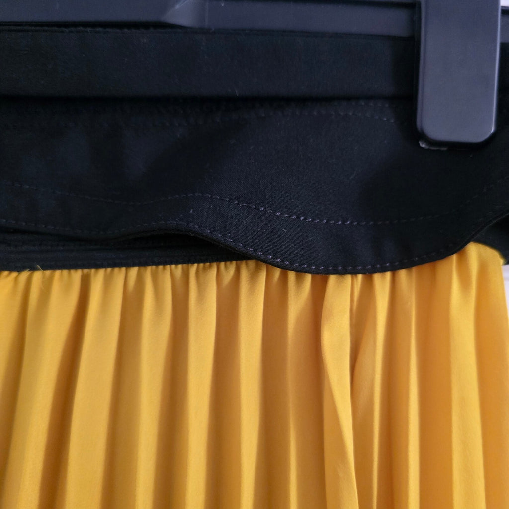 Zara Woman Mustard Yellow Pleated Maxi Skirt with Black Waistband, Size M