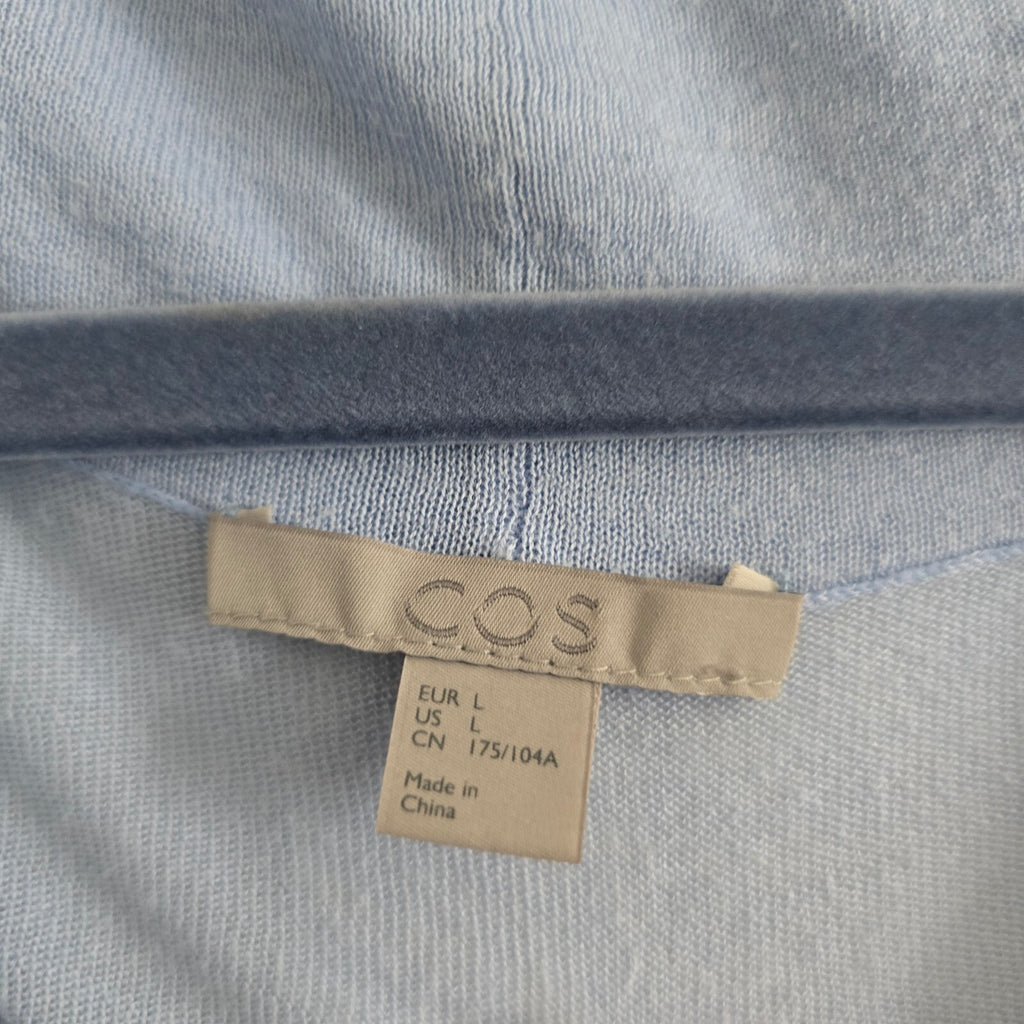 COS Light Blue Cotton Button-Up Cardigan with Drawstring Collar Size L, relaxed