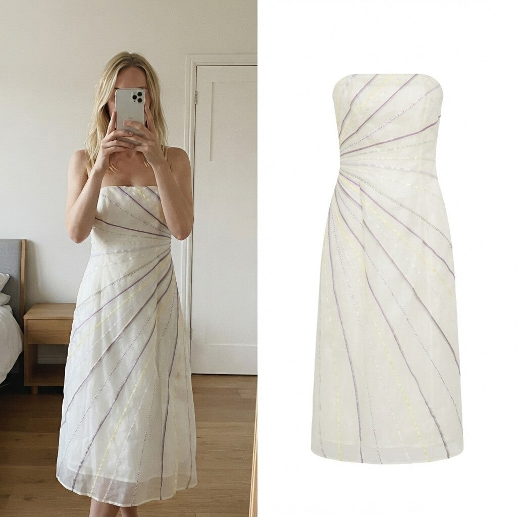 Coast Vintage Elegant White Evening Dress with Multicolour Striped Detail Size 8