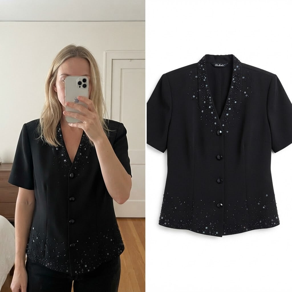 Berketex Black Short Sleeve Beaded Button Blazer Jacket UK Size 12, vintage glam