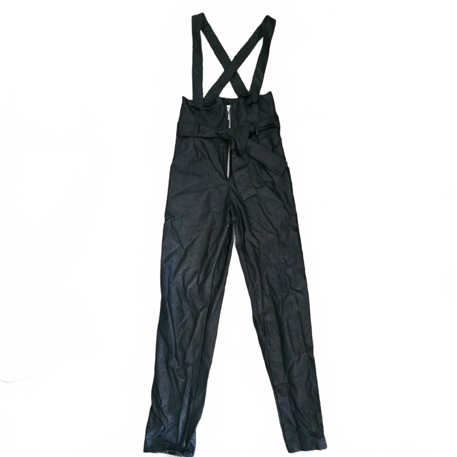 Little Madam Black Faux Leather Dungaree Overalls, Size S, high waisted stretch