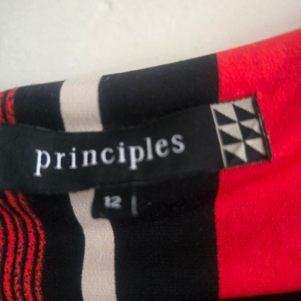 Principles Women's Red, Black, and Beige Striped Short Sleeve Top Size 12